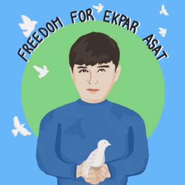 Art created by teenagers in the UK to help spread the message to Free Ekpar. Ekpar is pictured holding a dove and above him, the words say, "Freedom for Ekpar Asat."
