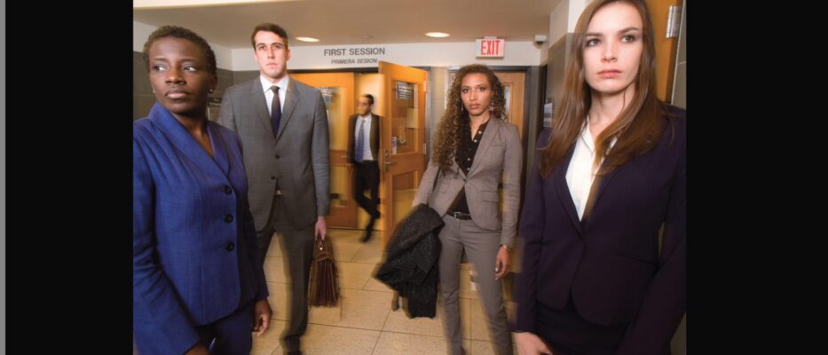 People standing in front of a court room.