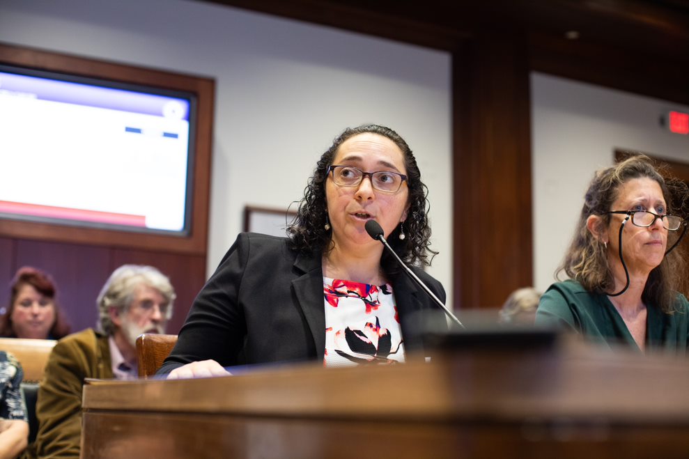 Shelley Baron speaks into a microphone as she testifies in front of the Joint Committee of the Judiciary