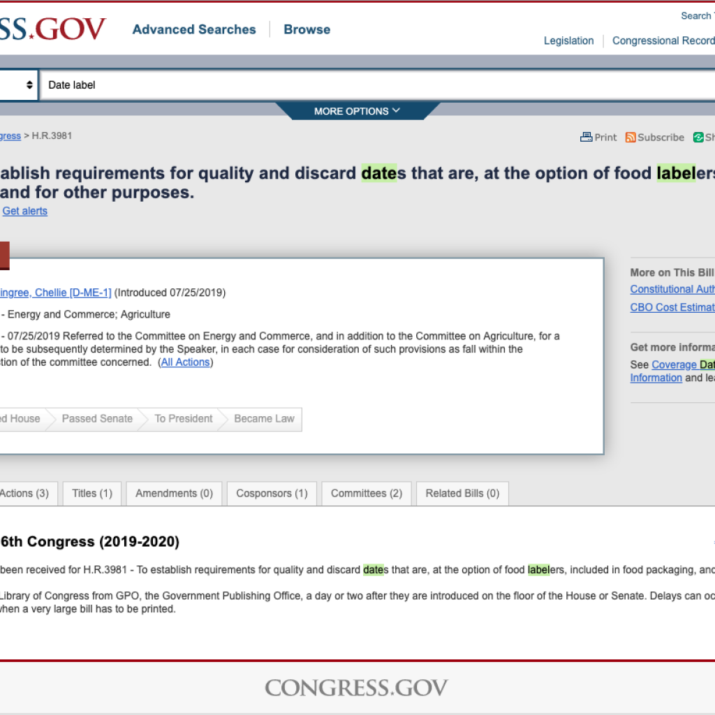 Computer screenshot of the Food Law and Policy Clinic legislation to standardize food date labels