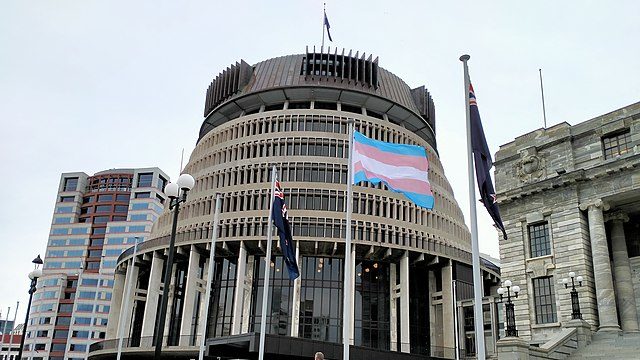 The Transgender flag, flanked by the New Zealand flag, was flown on the forecourt of Parliament, Wellington, New Zealand to mark International Transgender Day of Visibility on 31 March 2021