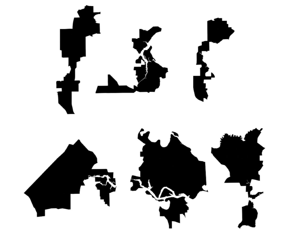 Sillhouttes of several Jacksonville district shapes, showing the disparate shapes