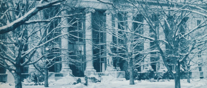 Langdell Hall on a snowy winter day in 1946